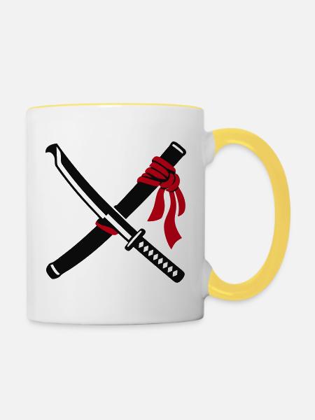 Gekreuzte Katana Schwerter Logo - Tasse zweifarbig - Weiß/Gelb