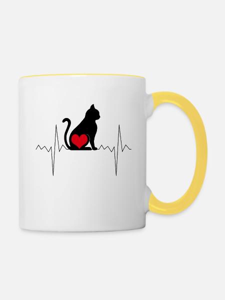 Katze mit Herzfrequenz - Tasse zweifarbig - Weiß/Gelb