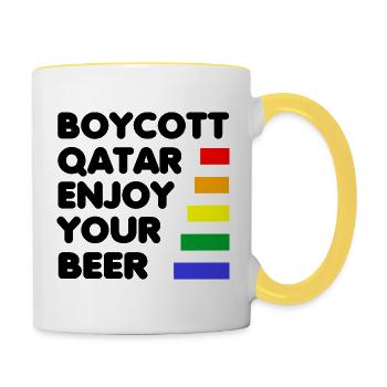 Boycott Qatar Enjoy Your Beer - Tasse zweifarbig - Weiß/Gelb - Rechts