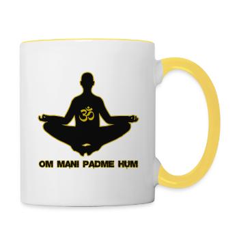 "OM MANI PADME HUM" Mantra Meditation Symbol - Tasse zweifarbig - Weiß/Gelb - Rechts