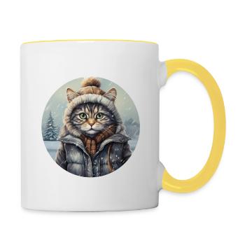 Chat avec chapeau, écharpe et veste dans la neige - Mug contrasté - blanc/jaune - Droite