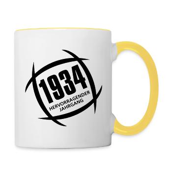 Hervorragender Jahrgang 1934 geboren - Tasse zweifarbig - Weiß/Gelb - Rechts