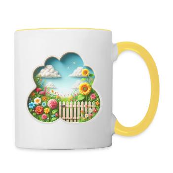 Garten mit Blume auf Blumenwiese und Sonnenblume - Tasse zweifarbig - Weiß/Gelb - Rechts