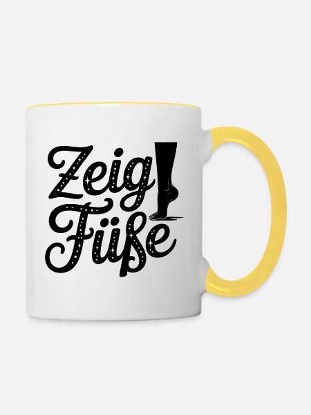 Zeig Füße - Deutsche Memes - Tasse zweifarbig - Weiß/Gelb