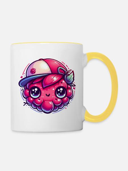 Himbeere Kawaii mit bunter Kappe - Tasse zweifarbig - Weiß/Gelb