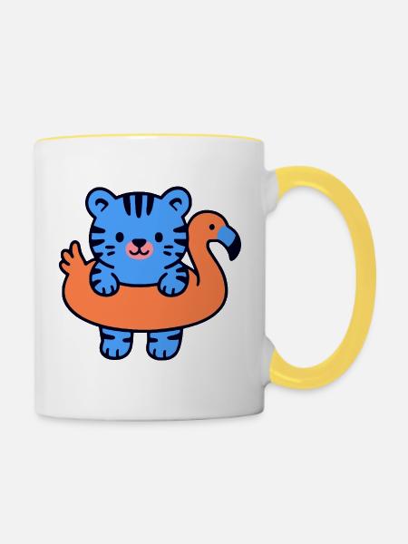 Kleiner schwebender blauer Tiger - Tasse zweifarbig - Weiß/Gelb