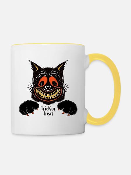 Grinsende Katze Halloween - Tasse zweifarbig - Weiß/Gelb