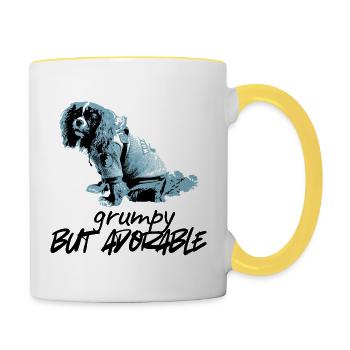 Blaues Hundeporträt im Stencil-Stil - Tasse zweifarbig - Weiß/Gelb - Rechts