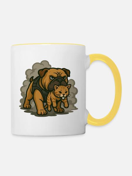 Wachhund- und Katzenduo - Tasse zweifarbig - Weiß/Gelb