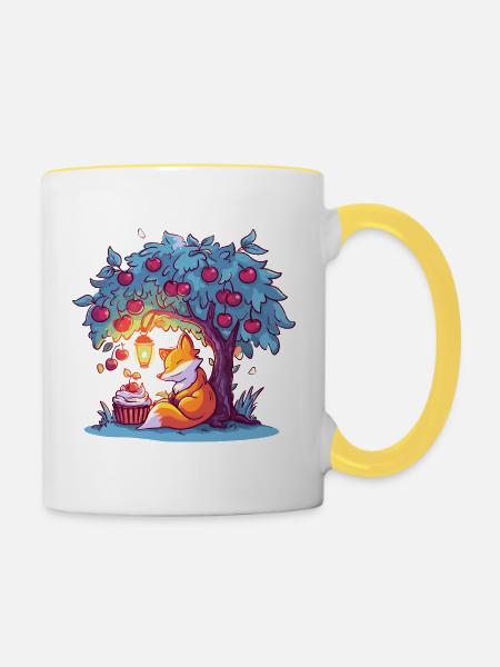 Kirschenbaum-Fuchs bei Laterne - Tasse zweifarbig - Weiß/Gelb