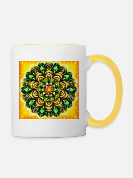Leuchtendes Mandala-Blütenmuster - Tasse zweifarbig - Weiß/Gelb