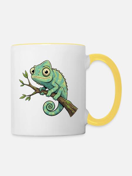 Chamäleon auf Ast - Tasse zweifarbig - Weiß/Gelb