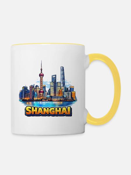 Shanghai Skyline Illustration - Tasse zweifarbig - Weiß/Gelb