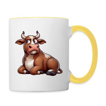 Funny Cow Cartoon Skeptical Bull Comic - Contrasting Mug - white/yellow - Right