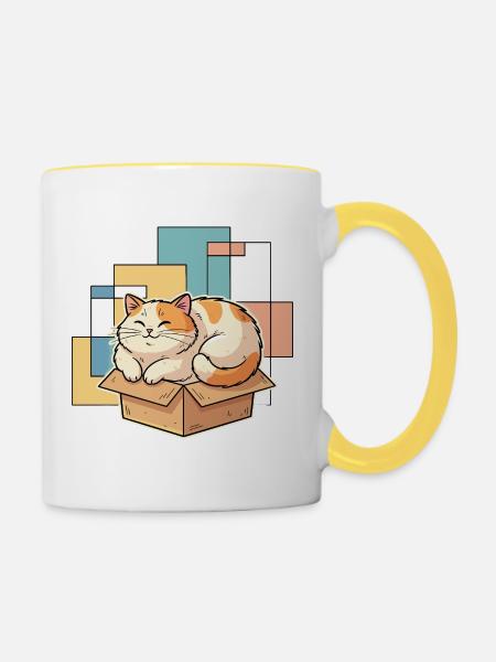 Katzenglück im Karton - Tasse zweifarbig - Weiß/Gelb