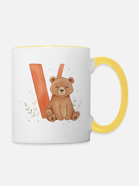 Niedlicher Bär mit V - Tasse zweifarbig - Weiß/Gelb