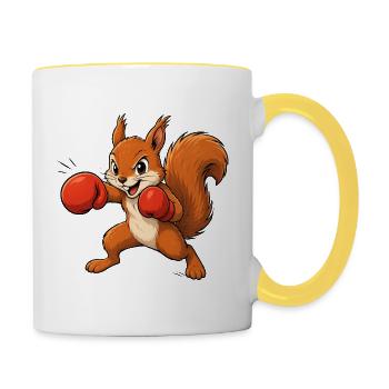 Boxendes Eichhörnchen Cartoon Spaß Motiv  - Tasse zweifarbig - Weiß/Gelb - Rechts