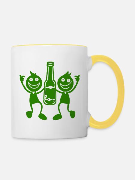 Grünes Duo mit Bierflasche - Tasse zweifarbig - Weiß/Gelb