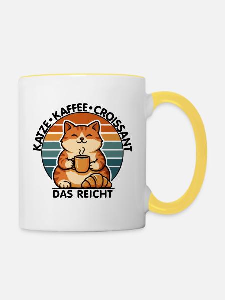 Katze Kaffee Croissant - Tasse zweifarbig - Weiß/Gelb