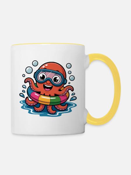 Bunter Oktopus mit Schwimmring & Taucherbrille - Tasse zweifarbig - Weiß/Gelb