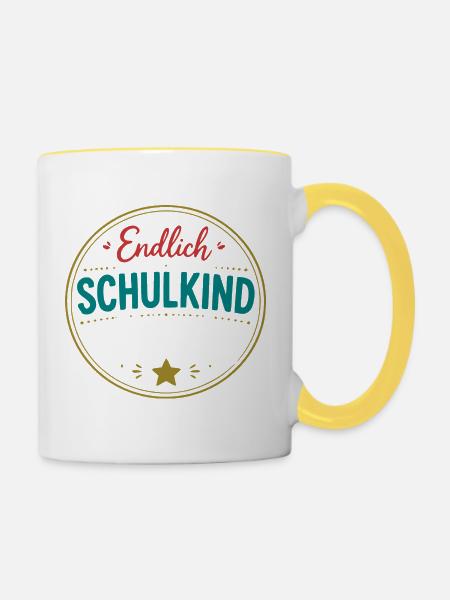 Endlich Schulkind Badge - Tasse zweifarbig - Weiß/Gelb
