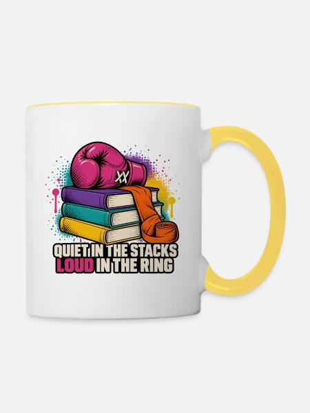 Kampfgeist im Bücherstapel - Tasse zweifarbig - Weiß/Gelb
