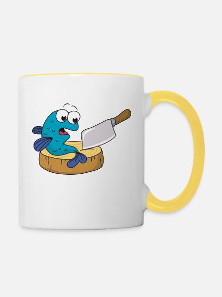 Fisch Messer Beil - Tasse zweifarbig - Weiß/Gelb