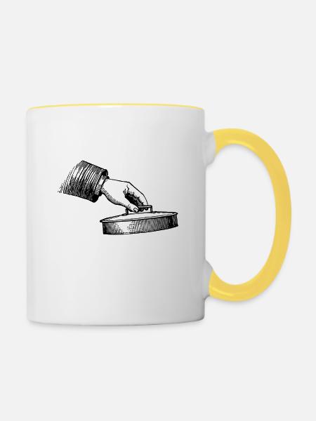 Hand mit Topfdeckel - Tasse zweifarbig - Weiß/Gelb