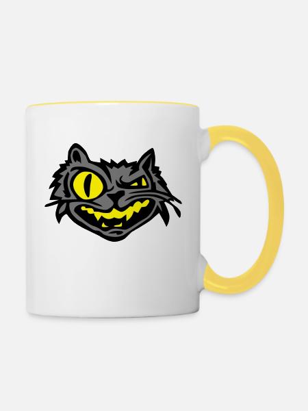 tête de chat en colère - Mug contrasté - blanc/jaune