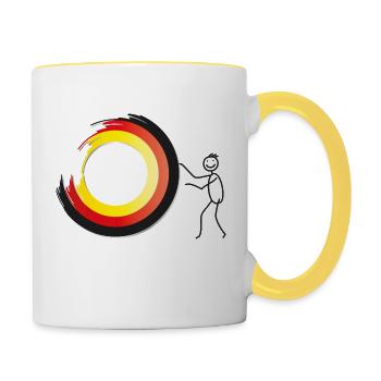 Team Deutschland, abstrakte Strichfigur mit Flagge - Tasse zweifarbig - Weiß/Gelb - Rechts