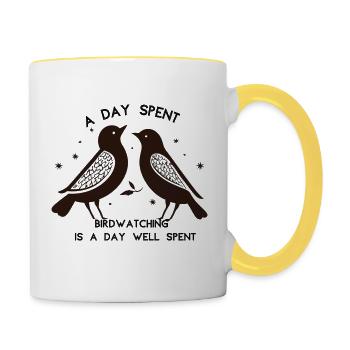 Slogan für Vogelbeobachter - Tasse zweifarbig - Weiß/Gelb - Rechts