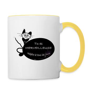 Blase glücklich die Katze, du bist wunderbar - Tasse zweifarbig - Weiß/Gelb - Rechts
