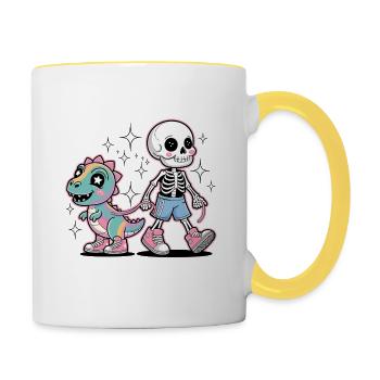 Süßes Skelett & Dino – Kawaii Fantasy Design - Tasse zweifarbig - Weiß/Gelb - Rechts
