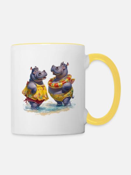 Zwei Hippos im Badedress - Tasse zweifarbig - Weiß/Gelb