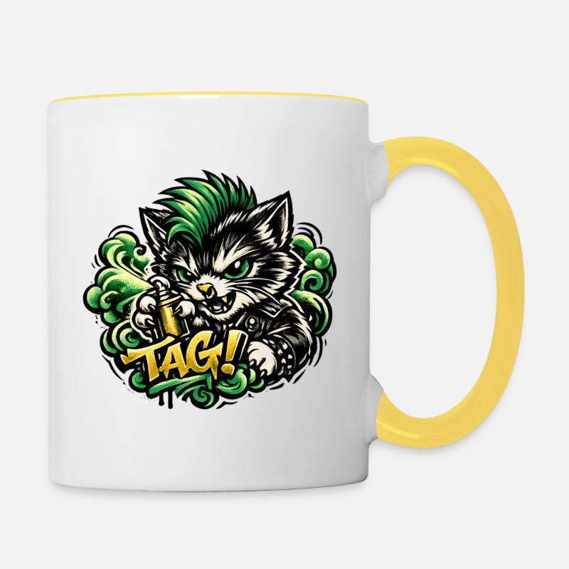 Aggressive Cat Graffiti - Contrasting Mug - white/yellow