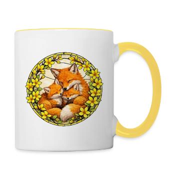 Spring motif fox family forsythia round motif - Contrasting Mug - white/yellow - Right