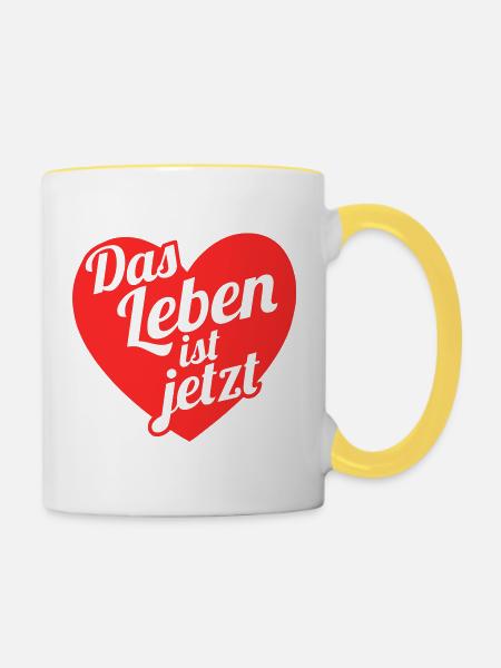 Das Leben ist jetzt  Herzdesign - Tasse zweifarbig - Weiß/Gelb