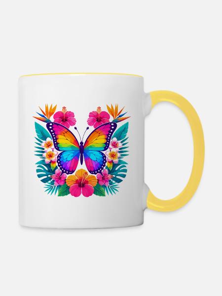 Bunter Tropen-Schmetterling - Tasse zweifarbig - Weiß/Gelb