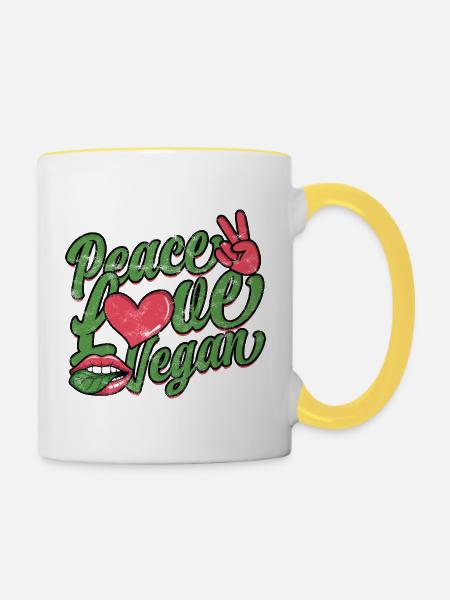 Peace Love veganes Retro-Skript - Tasse zweifarbig - Weiß/Gelb