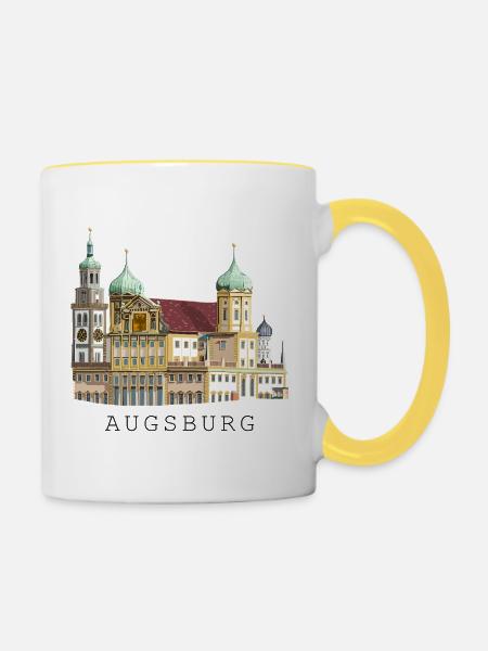 Augsburger Stadtsilhouette, Handzeichnung Rathaus - Tasse zweifarbig - Weiß/Gelb