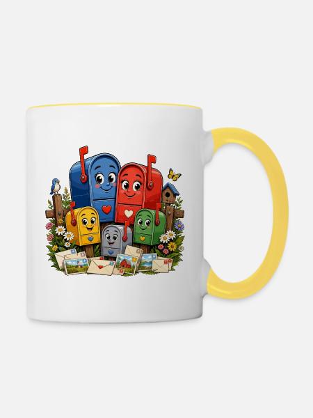 Fröhliche Briefkästen im Garten - Tasse zweifarbig - Weiß/Gelb