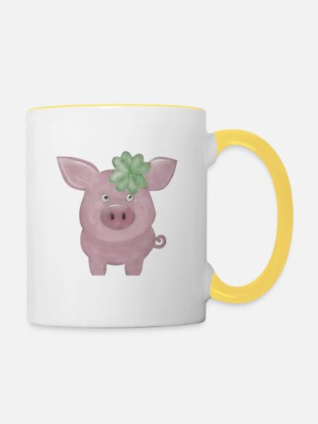 Glücksschwein mit Kleeblatt – süßes Glück - Tasse zweifarbig - Weiß/Gelb