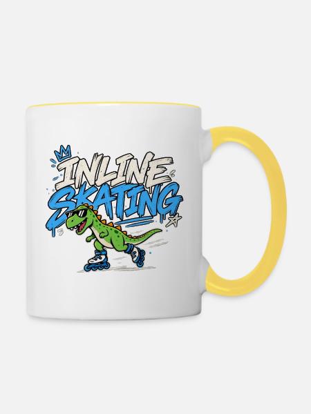 Inline Skating Dino auf Inlinern - Tasse zweifarbig - Weiß/Gelb