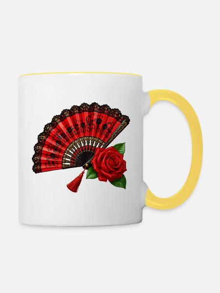 Spanischer Fächer mit Rose - Tasse zweifarbig - Weiß/Gelb