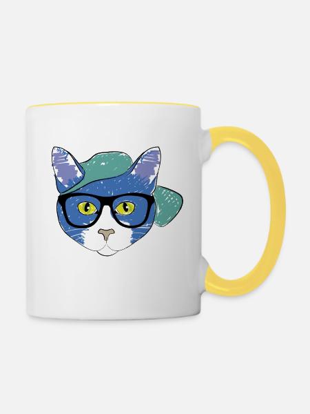 Blaue Katze mit Cap - Tasse zweifarbig - Weiß/Gelb