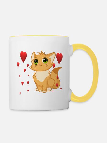 süsse Katze - Tasse zweifarbig - Weiß/Gelb
