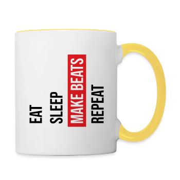 Essen, schlafen, Beats kreieren, wiederholen, Musikproduzent - Tasse zweifarbig - Weiß/Gelb - Rechts