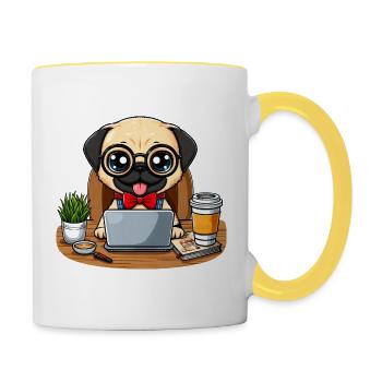 Hund Mops CEO Chef Teamleiter Kaffee Büro - Tasse zweifarbig - Weiß/Gelb - Rechts