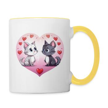 Two cute love cats, two cute cats in the heart cat - Contrasting Mug - white/yellow - Right
