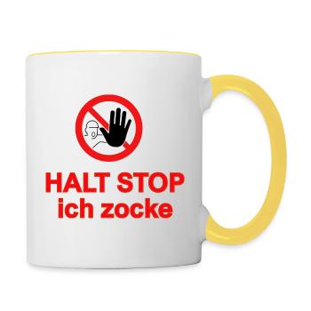 halt stop ich zocke - Tasse zweifarbig - Weiß/Gelb - Rechts